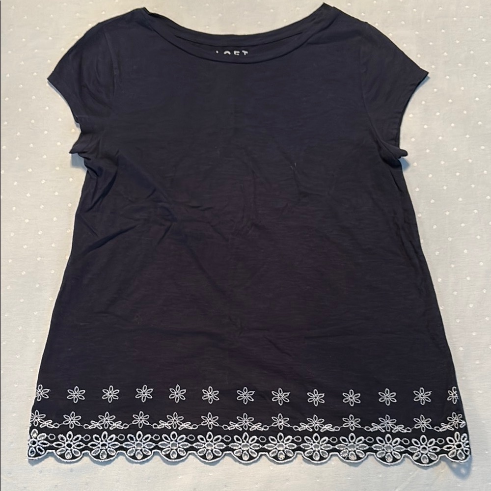 LOFT Dark Blue Floral Embroidered Tee